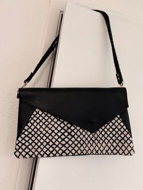 Moroccan Artisan Handmade Leather Fold Over Clutch Bag w/ Handwoven Rug Pattern